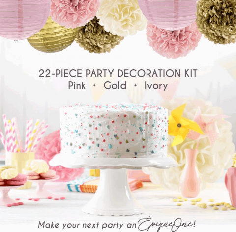Kit de decorare pentru petreceri – Aur roz, fildes, pompoane din hartie, felinare din hartie 22 bucati [5]