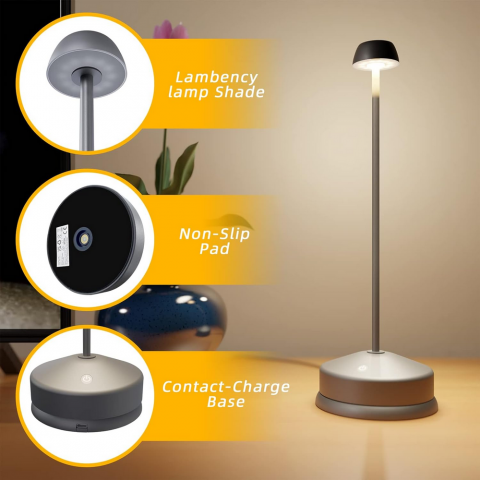 Lampă de masă LED cu reglare tactilă, portabilă și rezistentă la apă, baterie 4000mAh, 12 leduri, FUYO, ideală pentru interior și exterior, gri [2]
