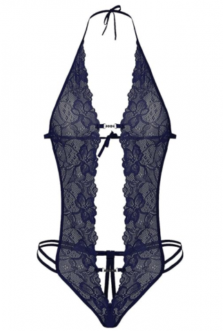 Lingerie dama babydoll din dantela, transparenta, model cu spate gol si guler tip halter, gri, ONE SIZE [3]