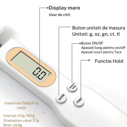 Lingura cu Cantar Digital de Bucatarie – Precizie 0.1 g, Capacitate 500 g, Ideala pentru Lapte Praf, Condimente, Lichide si Pulberi, Baterie inclusa CR2032, 23 cm [2]