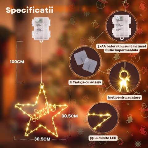 Luminite de Craciun in forma de Stea, Set 2, 30,5x30,5 cm, 60 LED, cu 8 Moduri de iluminare, Alimentare cu Baterie, Timer + 2 Carlige Adezive de prindere [1]