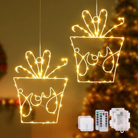 Casă, Grădină & Bricolaj - Luminite de Craciun in forma de Cadou, Set 2, 30x24 cm, 55 LED, cu 8 Moduri de iluminare, Alimentare cu Baterie, Timer + 2 Carlige Adezive de prindere