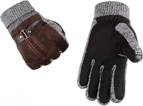 Mănuși de Iarnă Bărbați YULOONG, Touchscreen, Antiderapante, Căptușeală Fleece, Design Elegant din Piele de Porc, Maro [2]