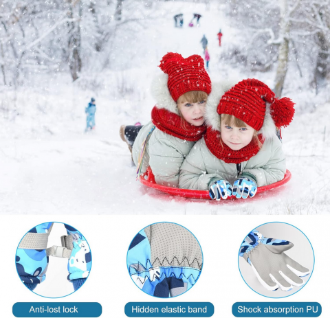 Mănuși de iarna pentru Copii, Impermeabile, Călduroase și Antivânt, Ideale pentru Schi, Snowboard, Patinaj, Alergare și Ciclism, albastre, 4-7 Ani [3]