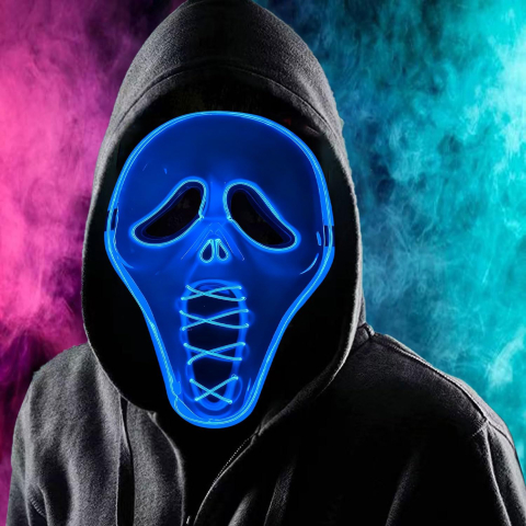 Costume Carnaval - Masca horror pentru adulti cu iluminare LED albastra, prindere cu elastic, dimensiuni 31 x 18 cm.