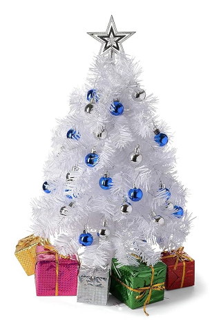 Minibrad de Craciun cu decoratiuni, LED, plastic, Prextex Alb inaltime 58 cm