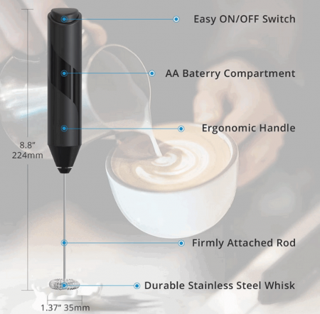 Mixer spuma lapte, electric cu baterii, bauturi calde/reci, maner izolat termic, otel inoxidabil, cu stand vertical, EASY Making Life Simple - KJBQ-4-BS, pentru latte, ciocolata calda, cappuccino, fra [10]
