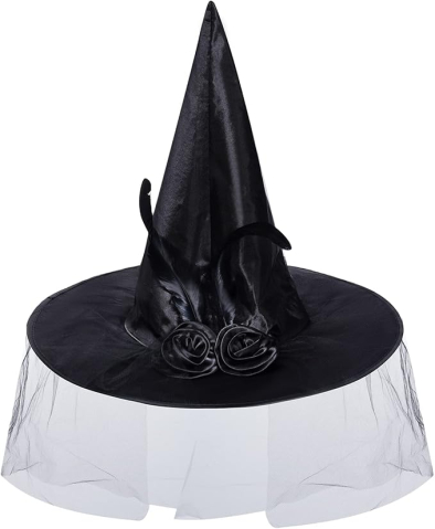 Costume Carnaval - Palarie vrajitoare neagra cu voal tulle, trandafiri si pene pentru costum Halloween femei