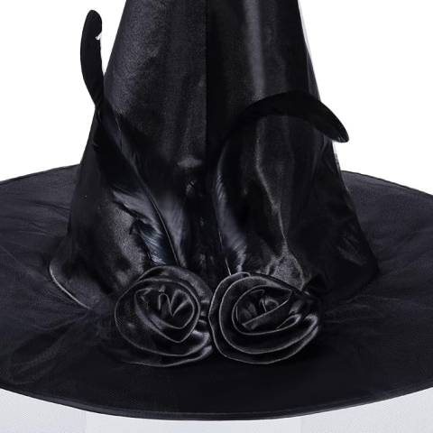 Palarie vrajitoare neagra cu voal tulle, trandafiri si pene pentru costum Halloween femei [2]