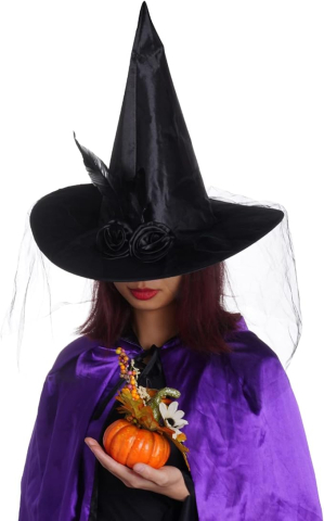 Palarie vrajitoare neagra cu voal tulle, trandafiri si pene pentru costum Halloween femei [5]