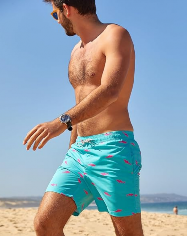 Pantaloni de baie barbati, uscare rapida, ideali pentru plaja, inot, surf sau vacanta, MaaMgic, albastru imprimeu rechini roz, marime L [5]