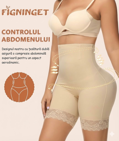 Pantaloni Modelatori Figninget pentru Femei – Short Shapewear Talie Înaltă, Control Abdomen, Liftare Fese 3D, Dantelă Anti-Frecare, Culoare Bej – Mărimea M [1]