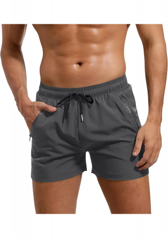 Îmbrăcăminte & Încălțăminte - Pantaloni scurti de baie barbati Adorel – model sport, cu buzunar si fermoar, gri, marimea M