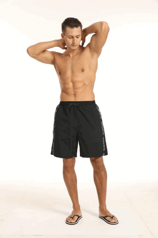Pantaloni scurti de baie pentru barbati, JustSun, cu snur si buzunare, uscare rapida, pentru inot, plaja si sport, Negru [1]