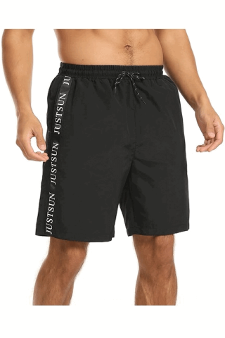 Pantaloni scurti de baie pentru barbati, JustSun, cu snur si buzunare, uscare rapida, pentru inot, plaja si sport, Negru [3]