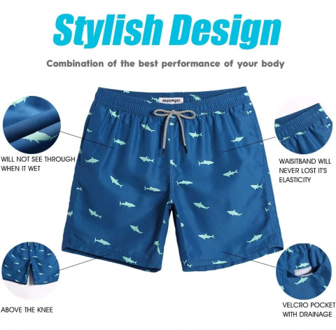 Pantaloni scurți de baie pentru bărbați, uscare rapidă, cu buzunare, MaaMgic, albastru inchis, model cu rechini, marime L [3]