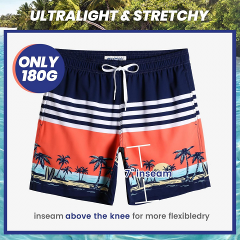 Pantaloni scurți de baie pentru bărbați, uscare rapidă, cu buzunare, MaaMgic, bleumarin inchis, model cu palmieri, marime M [4]