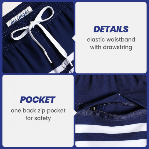 Pantaloni scurți de baie pentru bărbați, uscare rapidă, cu buzunare, MaaMgic, bleumarin inchis, model cu palmieri, marime M [3]