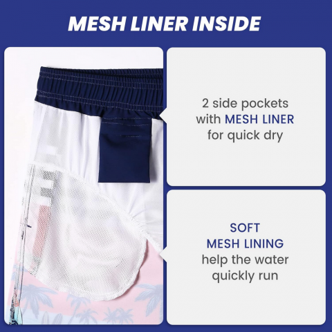 Pantaloni scurți de baie pentru bărbați, uscare rapidă, cu buzunare, MaaMgic, bleumarin inchis, model cu palmieri, marime M [2]