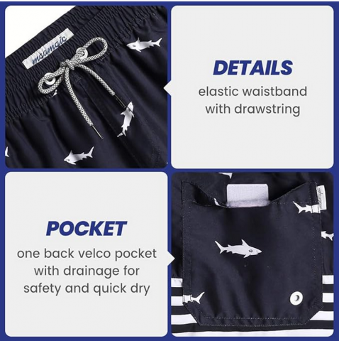 Pantaloni scurți de baie pentru bărbați, uscare rapidă, cu buzunare, MaaMgic, bleumarin inchis, model cu rechini [4]