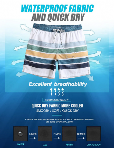 Pantaloni scurți de baie pentru bărbați, uscare rapidă, cu buzunare, MaaMgic, verde/alb, model cu dungi, marime 2XL [7]