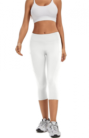 Colanti sport 3/4 pentru femei, cu talie inalta, buzunare laterale si material opac, ideali pentru sport, yoga sau tinute casual, Adorence, alb, marime XS [4]