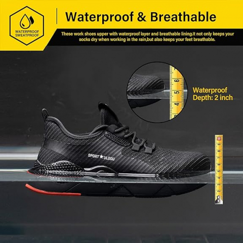 Pantofi de Protecție Ulogu cu Bombeu din Oțel, Impermeabili, Ușori și Anti-Alunecare pentru Muncă și Activități Industriale, Negru [4]