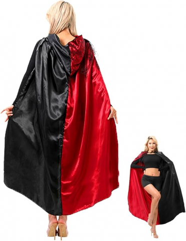 Costume Halloween - Pelerină Halloween pentru Femei, Leajap, Costum Cosplay Cruella de Vil, 150 cm, Negru - Roșu