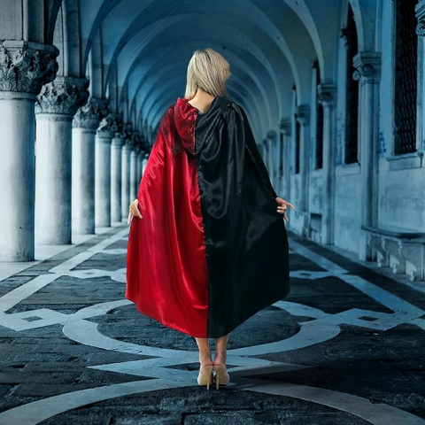 Pelerină Halloween pentru Femei, Leajap, Costum Cosplay Cruella de Vil, 150 cm, Negru - Roșu [5]