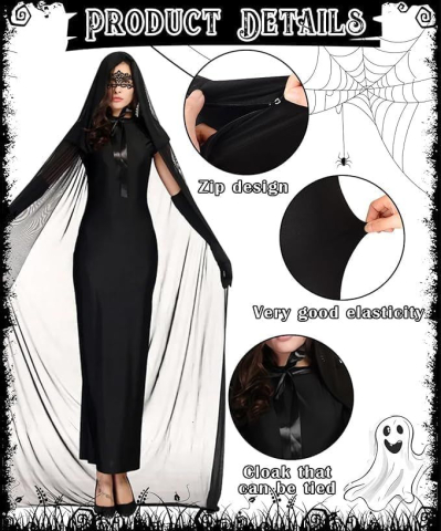 Pelerina Mireasa Fantoma pentru Halloween, cu Gluga, Costum Horror pentru Femei, Negru, M [3]