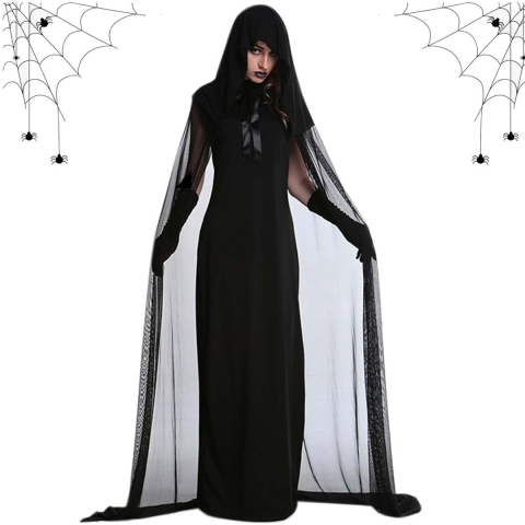 Costume Carnaval - Pelerina Mireasa Fantoma pentru Halloween, cu Gluga, Costum Horror pentru Femei, Negru, M