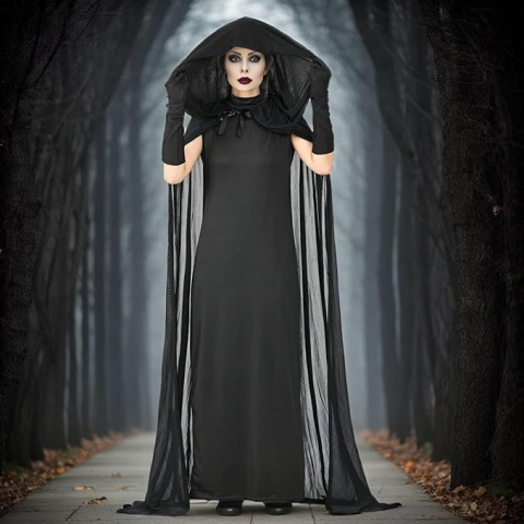 Pelerina Mireasa Fantoma pentru Halloween, cu Gluga, Costum Horror pentru Femei, Negru, M [4]