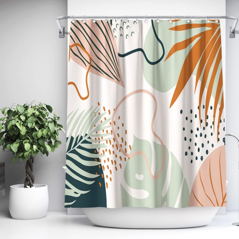 Casă, Grădină & Bricolaj - Perdea de dus abstracta pentru baie, design modern cu plante, 180 x 180 cm, din material textil, cu carlige incluse