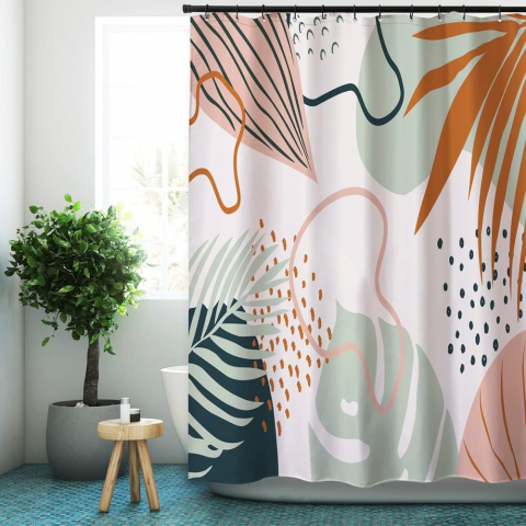 Perdea de dus abstracta pentru baie, design modern cu plante, 180 x 180 cm, din material textil, cu carlige incluse [4]