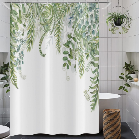 Perdea de dus cu frunze verzi Eucalipt – 160x180 cm, design botanic acvarela, material poliester impermeabil, cu 12 carlige incluse [2]