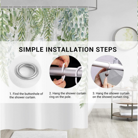 Perdea de dus cu frunze verzi Eucalipt – 160x180 cm, design botanic acvarela, material poliester impermeabil, cu 12 carlige incluse [5]