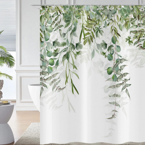 Casă, Grădină & Bricolaj - Perdea de dus cu frunze verzi Eucalipt – 160x180 cm, design botanic acvarela, material poliester impermeabil, cu 12 carlige incluse