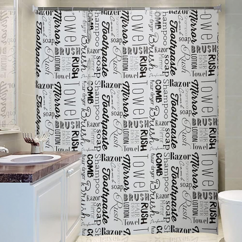Perdea de Duș, Model cu Litere Englezești, Material PEVA Ecologic, Rezistentă la Mucegai și Apă, cu Inel Metalic și Cârlige Incluse, 180 x 180 cm [2]