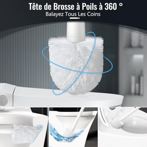 Perie de Toaletă Albă cu Suport, Mâner Lung din Inox 44 cm, Perie Dură 360°, Bază Ventilată Antirugină [7]