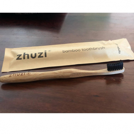 Periuta de dinti din bambus natural, Zhuzi, vegan si fara bpa 19 x 1,5 x 0,5 cm [2]