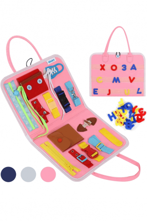 Copii & Bebe - Placa senzorială Montessori pentru dezvoltarea abilităților copiilor mici, Esjay Busy Board, Roz