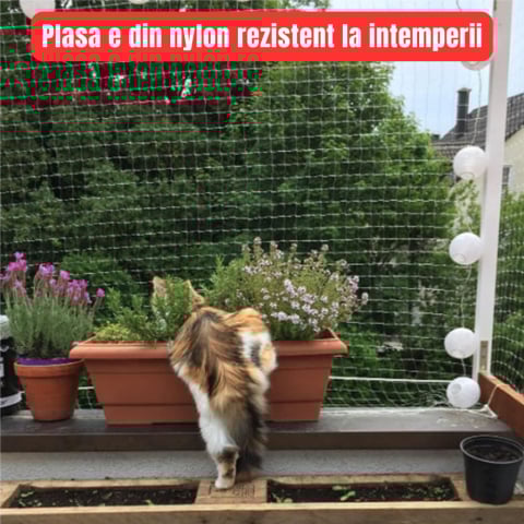 Plasa protectie pisici 5x5 m, balcon si fereastra, anti evadare, Diagonala ochi 3 cm, Nylon rezistent, Discreta si Rezistenta, montaj fara gaurire, Protectie anti pasari [3]