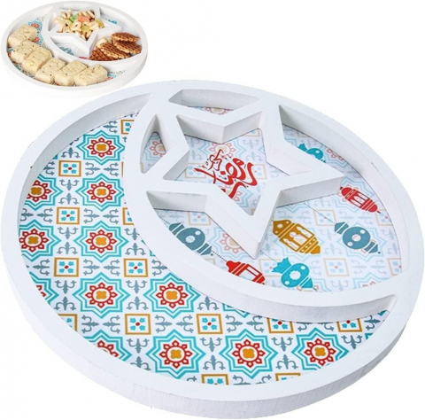 Platou de Servire din Lemn, Design cu Stele și Lună, Tava pentru Deserturi, Suport Display pentru Eid Mubarak, Dimensiuni 29,5 x 2 cm, Alb, VRFH [4]
