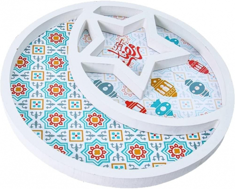 Casă, Grădină & Bricolaj - Platou de Servire din Lemn, Design cu Stele și Lună, Tava pentru Deserturi, Suport Display pentru Eid Mubarak, Dimensiuni 29,5 x 2 cm, Alb, VRFH