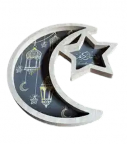 Casă, Grădină & Bricolaj - Platou de Servire din Lemn, Design cu Stele și Lună, Tava pentru Deserturi, Suport Display pentru Eid Mubarak, Dimensiuni 29,5 x 2 cm, Gri, VG5N