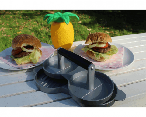 Presă dublă pentru hamburgeri din aluminiu cu maner din lemn, 27.9x12x7.9 cm [2]