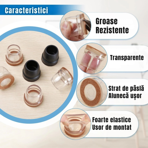 Set protectii picioare scaun Ø26-32 mm cu pasla, transparente, pentru parchet [3]