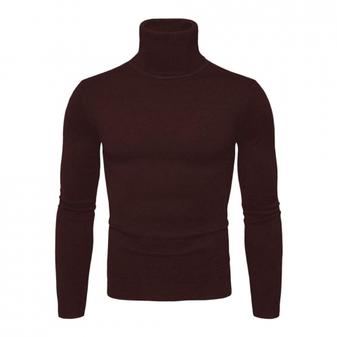 Pulover barbati cu guler inalt, Slim Fit, tricotat din bumbac, CELANDA, maro, marime M [1]