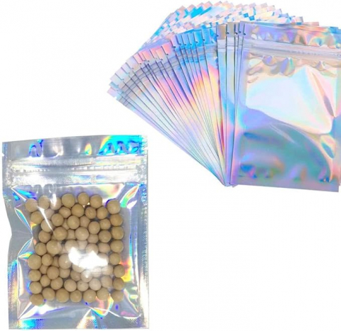 Pungi Holografice din Folie, Pachet de 50 buc Reutilizabile Ziplock, pentru Stocare Mostre, Ceară, Alimente, 9 x 16 cm, Argintiu [2]
