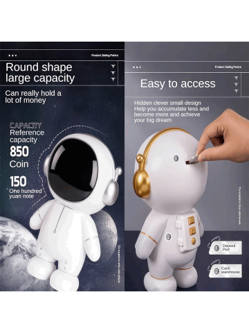 Pusculita pentru copii, model astronaut, capac detasabil, decoratiune depozitare bani, 25x17cm, plastic, alb/gri [2]